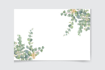 Watercolor vector card template design with eucalyptus leaves and flowers background.