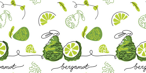 Bergamot vector pattern, color illustration for label design. One continuous line art drawing with lettering bergamot - obrazy, fototapety, plakaty