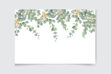 Watercolor vector card template design with eucalyptus leaves and flowers background.