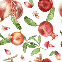 Seamless pattern of pomegranate fruit watercolour painted. Pomegranate fruit isolated on white with buds, flowers and green leaves. Branch with leaves of pomegranate.