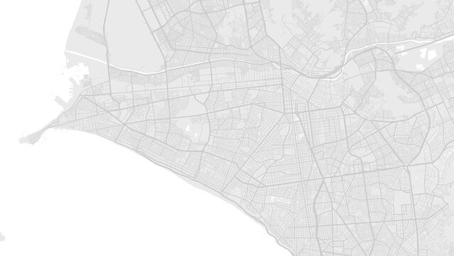 White and light grey Lima city area vector background map, roads and water illustration. Widescreen proportion, digital flat design.