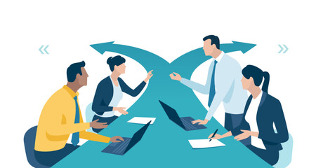 Decision. Discussing direction. Path to the success. Team sitting behind the arrow sign. Business vector illustration.