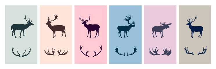 Set of hand drawn silhouette of head of reindeer. Collection of deer antlers. ?hristmas animals for decorative elements. Vector illustration on colored background.
