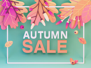 Autumn Sale Banner Design with Colorful Leaves. 3d Render