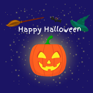 Glowing pumpkin lantern (Jack Lantern), broom, witch hat, bat and Happy Halloween lettering