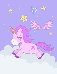 Cute unicorn running with eyes closed on the cloud with star in the sky. Design illustration.
