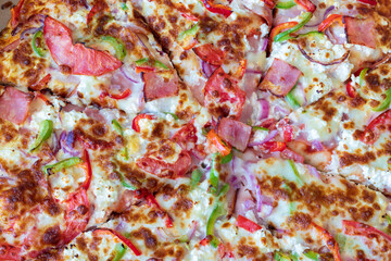Obraz na płótnie Canvas Fresh pizza with tomatoes, ham, onion and cheese. Tasty takeaway food.
