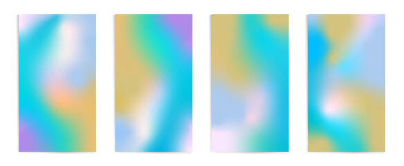Holographic effect vertical stories, cover templates design set for social media posts and stories banners. Blurry abstract backgrounds. Vector covers with gradient mesh in y2k retro style.
