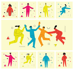 Fototapeta na wymiar Young men and women with abstract geometric shapes. Team building and teamwork concept. Business partnership, cooperation and communication. Modern flat cartoon style.