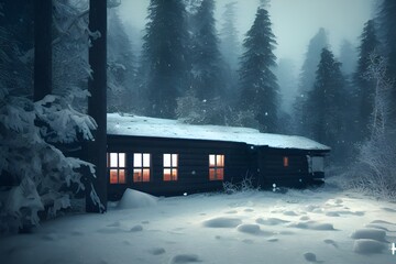 A cabin standing alone in the winter woods. 