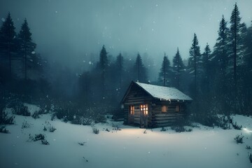 A cabin standing alone in the winter woods. 