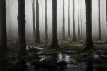 A foggy swamp. Dark and mysterious. 