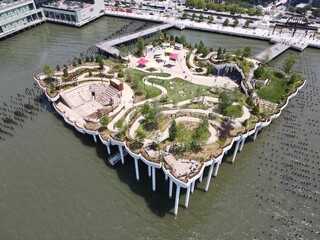 Aerial shot of the little Island park in New York over water