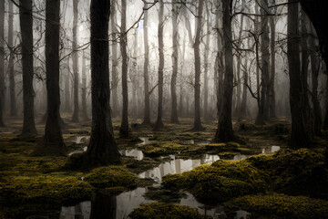 A foggy swamp. Dark and mysterious. 