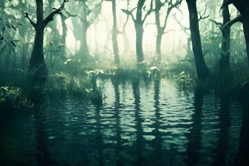 A foggy swamp. Dark and mysterious.  - obrazy, fototapety, plakaty