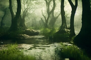 A foggy swamp. Dark and mysterious.  - obrazy, fototapety, plakaty