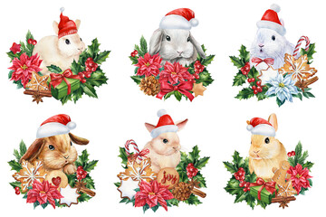 Set holiday Bunny, poinsettia flower on isolated white background, watercolor illustration. Winter animal.