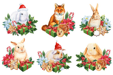 Set Bunnies and fox watercolor drawing. Holiday compositions, baby animals