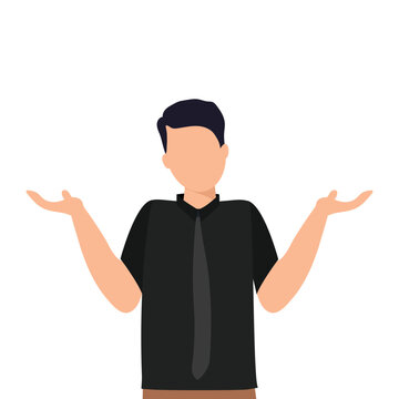 European Man With Black Hair And Black Shirt With Tie, Shrug. I Don't Know. Oops! Sorry! Vector Illustration