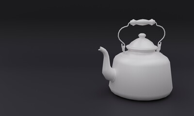3d illustration, old teapot, black background, copy space, 3d rendering