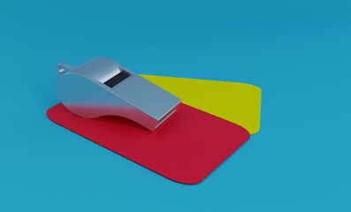 3d illustration, whistle and cards used by the referee in the game, blue background, 3d rendering.