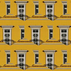 vivid yellow pointed house in Sarajevo Bosnia, with intricate wrought-iron balcony and stylish white window frames