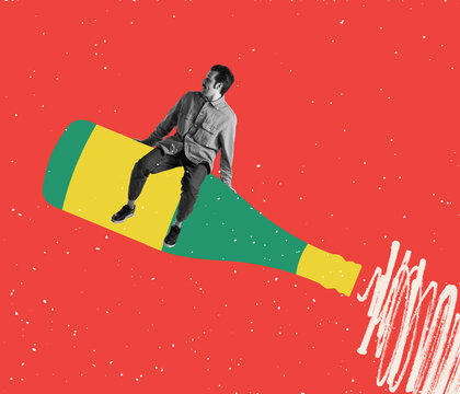 Flight. Shocked man sitting on giant champagne bottle over bright red background. Contemporary art collage. magazine style design.