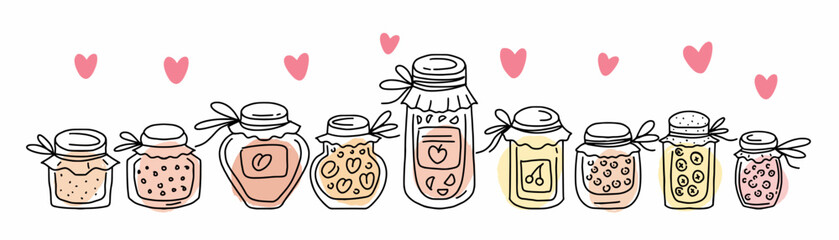 Vector horizontal set of glass jars with jam. Canning berries.