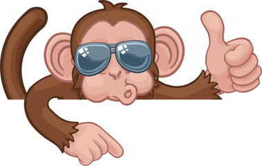 Monkey Sunglasses Thumbs Up Pointing Sign Cartoon