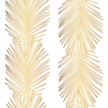 Tropical exotic floral line golden  palm leaves seamless pattern, line background. Exotic jungle wallpaper.