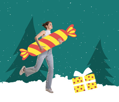 Young girl running with huge drawn candy through winter forest. Christmas holidays, wishes and travel, adventures. Contemporary collage. Surrealism
