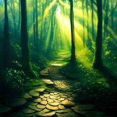Fototapeta premium Pathway through a fantasy forest with rays of sunlight shining down. 