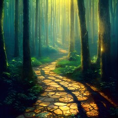 Fototapeta premium Pathway through a fantasy forest with rays of sunlight shining down. 