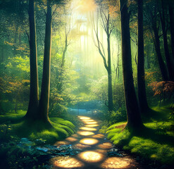 Naklejka premium Pathway through a fantasy forest with rays of sunlight shining down. 