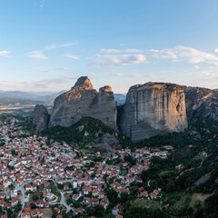 Meteora Greece rock at sunrise, Blue sky over rocky landscape. Europe travel destination