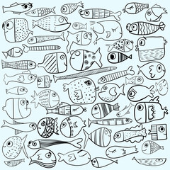 hand drawn set of doodle elements fish