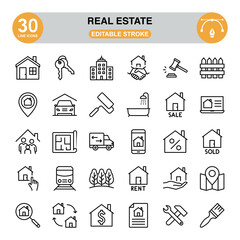 Real Estate icon set. Editable stroke. Pixel perfect. icon set contains such icons as blueprint, garage, bathtub, house for rent, fence, transport, tree, key, family, etc.