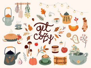 Cozy Autumnal collection with seasonal different elements, pumpkin, tea, candle, mushrooms, plants and hand lettering, isolated on white