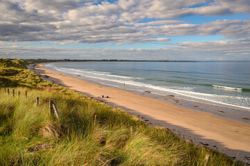 Fototapeta na wymiar Beadnell Bay from the southern end, on the Northumberland coast, a designated Area of Outstanding Natural Beauty AONB, known for its wide beaches high sand dunes punctuated by dark whinstone outcrops