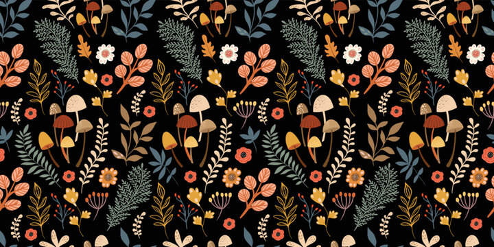 Autumn floral seamless pattern, elegant wallpaper, background with different flowers and plants, seasonal design