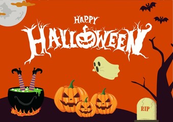Halloween holiday card with party decorations, background pumpkins, bats, ghosts, Happy halloween greeting poster