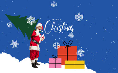 Emotional Santa Claus congrats with New Year and Christmas 2023 all people in world. Winter, holidays, wishes and travel, adventures.