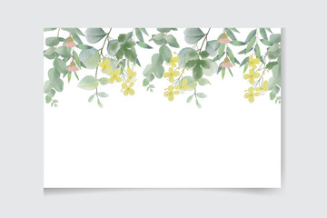 Watercolor vector card with green eucalyptus leaves and meadow plants.