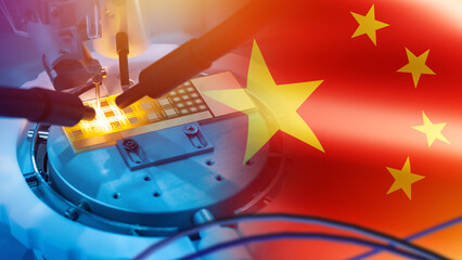 Microelectronics China. Flag China and production equipment with processor. Production of microelectronics in factories in China. Creation of microelectronics. Chinese high-tech industry. 3d image.
