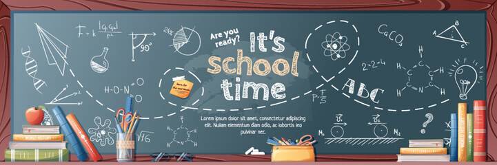 Banner template with school board and chalk lettering. Back to school, knowledge day. Banner, poster, brochure, background, etc. © Siawi_art