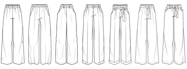 flat sketch set of womens palazzo pants vector illustration - obrazy, fototapety, plakaty