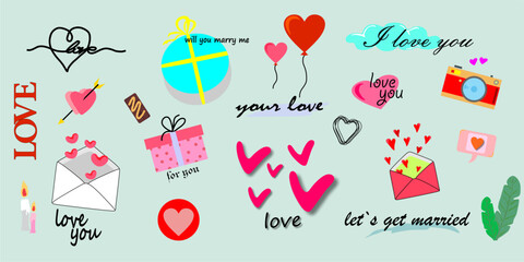 Cartoon pictures set of different hand drawn love icon details. Vector illustration.