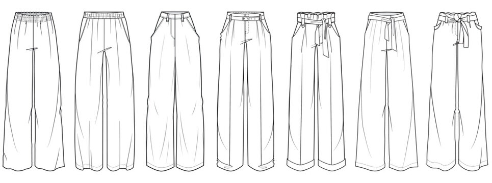 flat sketch set of womens palazzo pants vector illustration