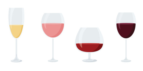 Glasses of wine, champagne, brandy, whiskey, cognac.