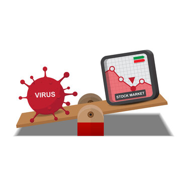 Virus and stock market balance on scale vector illustration.